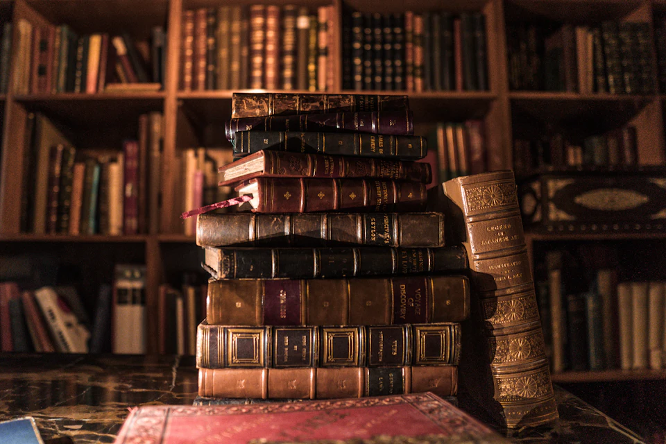 Libros apilados en una estantería de madera